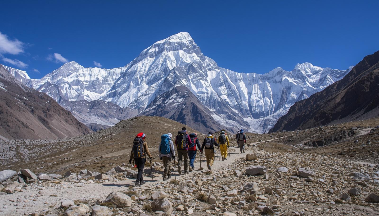 Nepal trekking company guides leading a group on Everest Base Camp trail